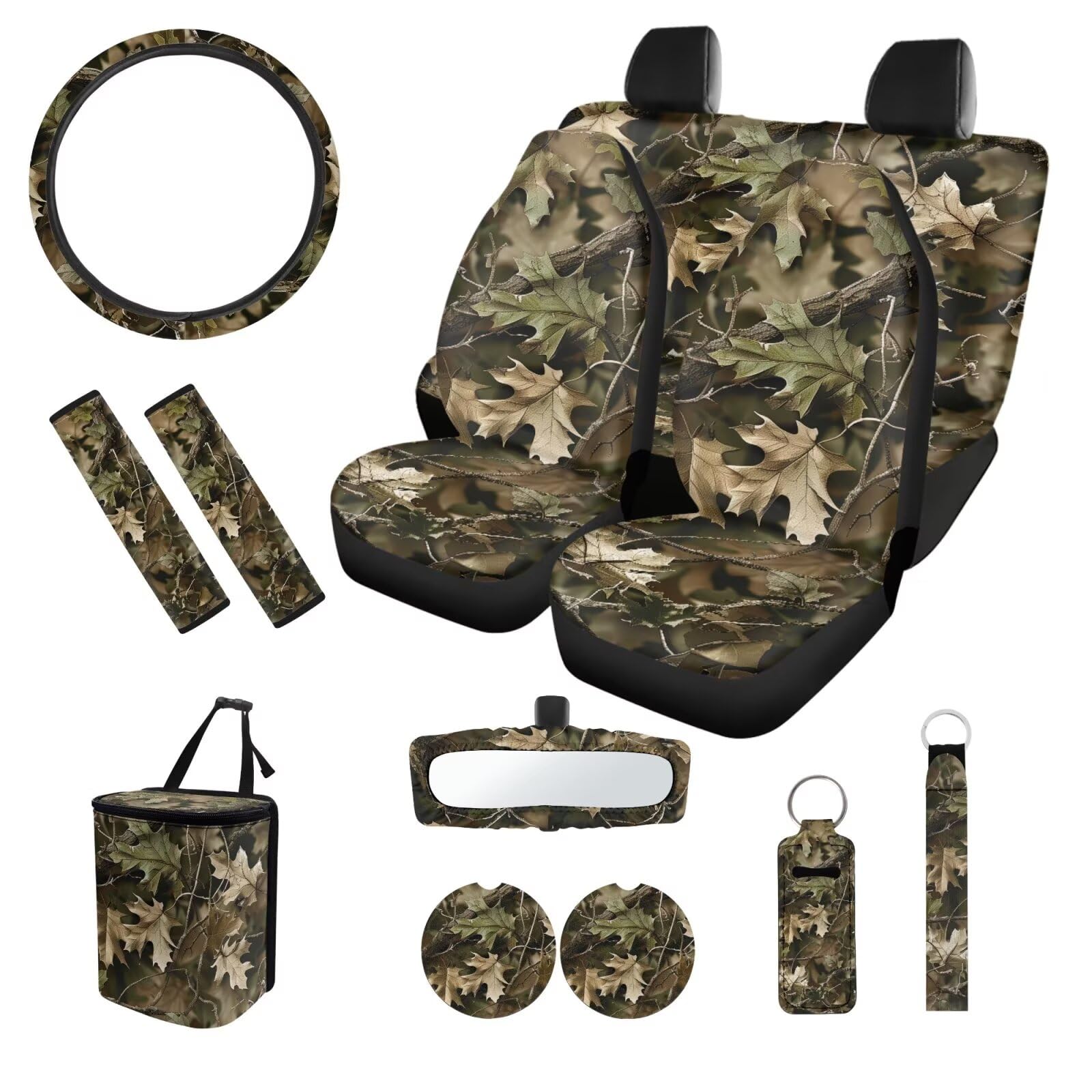 Camouflage Oak Tree 12-Pack Universal Fit Car Seat Cover Set - Front & Rear Cushion Covers, Steering Wheel Cover, Seat Belt Mats, Car Trash Can, Coasters & More for Cars, Vans, SUVs