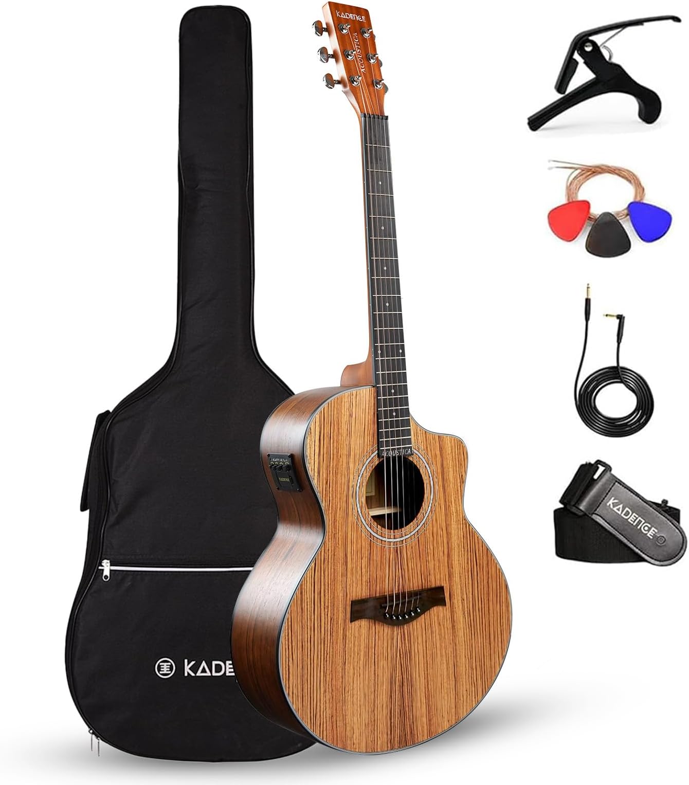 Kadence Electric Acoustic Guitar A05EQN (Zebra Wood) - Semi Acoustic Guitar, Inbuilt Tuner, Capo, Strings, Picks, Strap, Cable and Padded bag - Electro Guitars for Beginners & Professionals