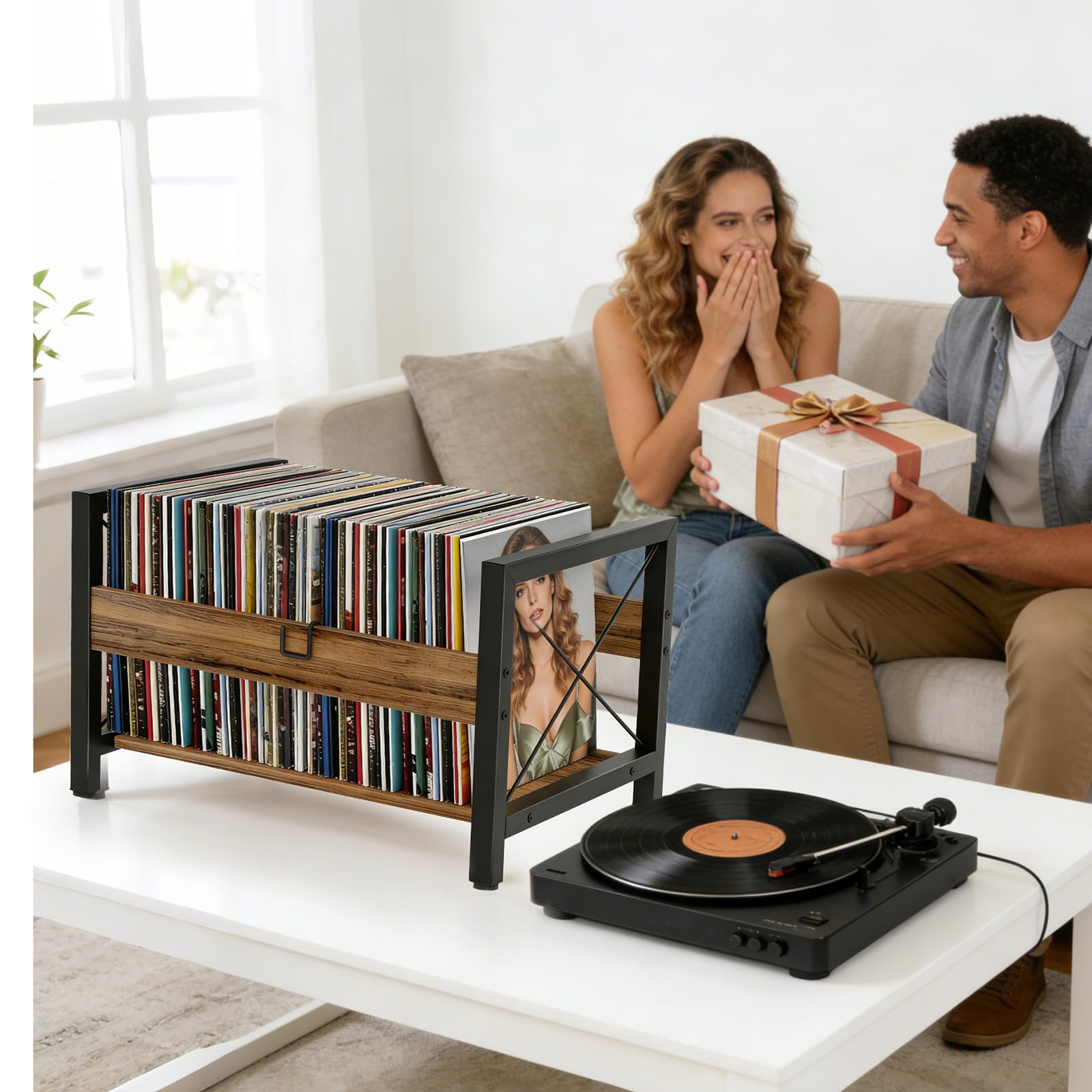 Estantería Para Discos, Soporte Para Discos De Vinilo, 44 ​​x 37 x 26,8 cm, Con Separadores Antideslizantes, Organizador Para CDs, álbumes, Revistas Y Libros