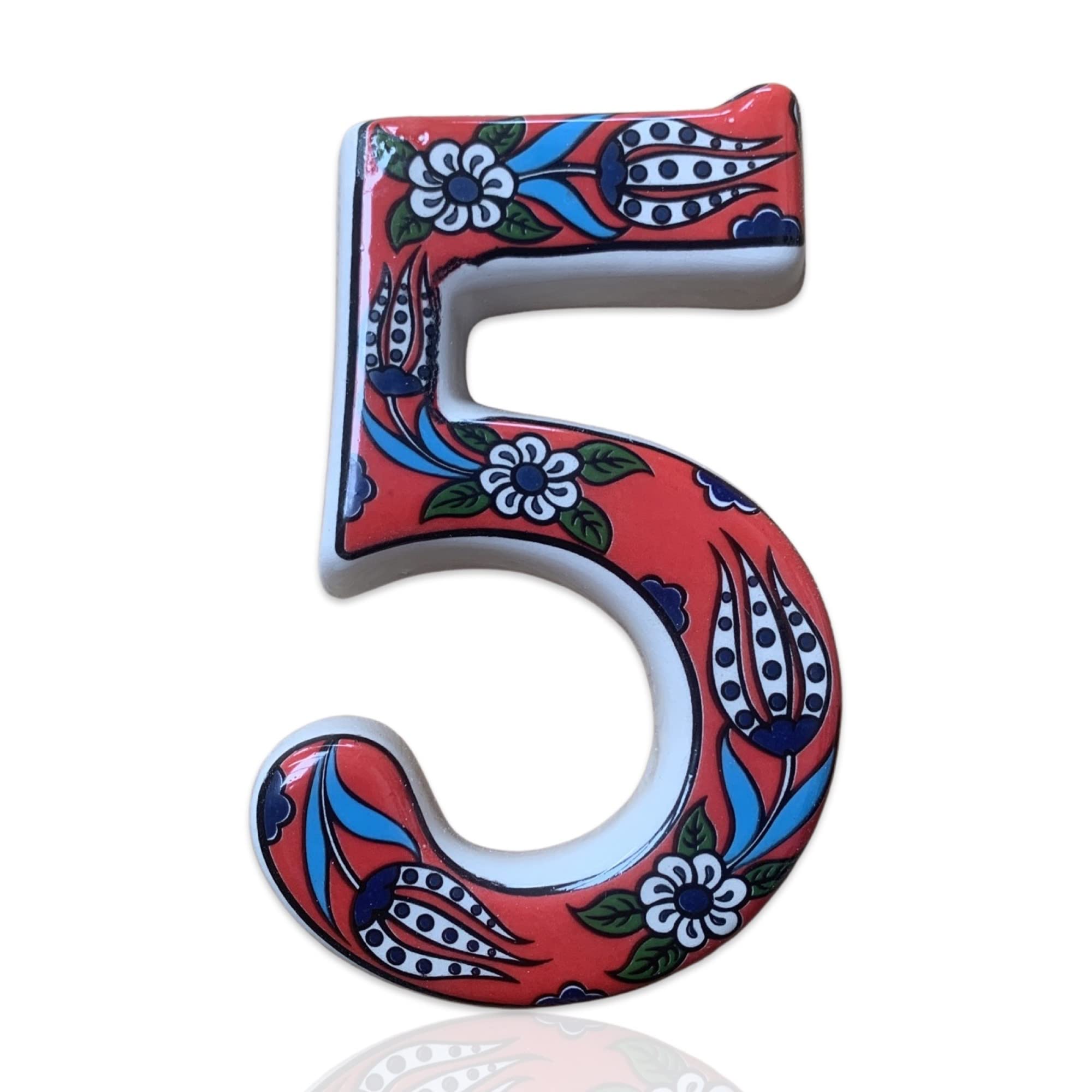 SPIRIT HOME INTERIORS - Handmade Mediterranean Style 3D Ceramic Outdoor House Number Door Sign Address Plaque (Red, Number:5)