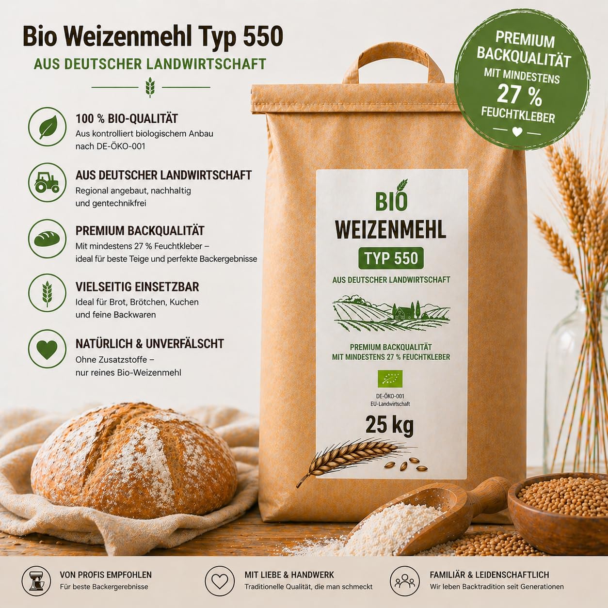 Bäckerei Spiegelhauer | Farina di grano tenero biologica tipo 550 25 kg I Farina premium per pane pizza panini I alto contenuto di glutine >27% I Demeter