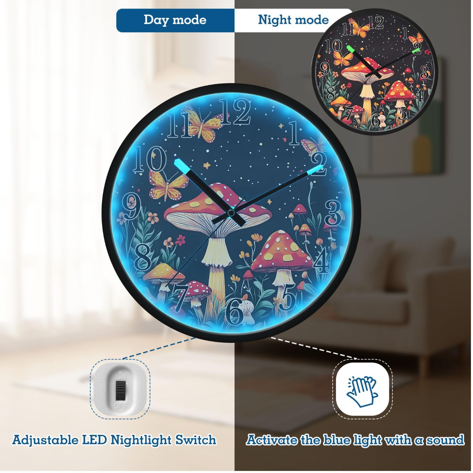 Mnsruu Reloj de pared luminoso con diseño de seta, mariposa, luna, reloj de pared que brilla en la oscuridad, funciona con pilas, 12 pulgadas, silencioso, sin tictac, luz nocturna para dormitorio