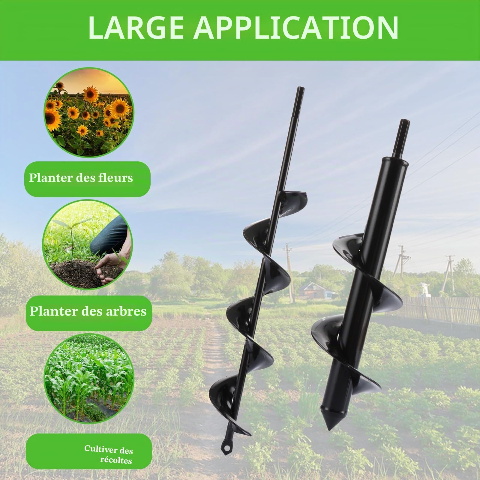 APACALI 4 Pièces Mèche Jardin Tariere pour Perceuse, Foreuse Jardin en Spirale avec Gants Jardinage, Outil de Plantation Pratique pour Faire Rapidement Trou et Planter des Fleurs Arbres Arbustes