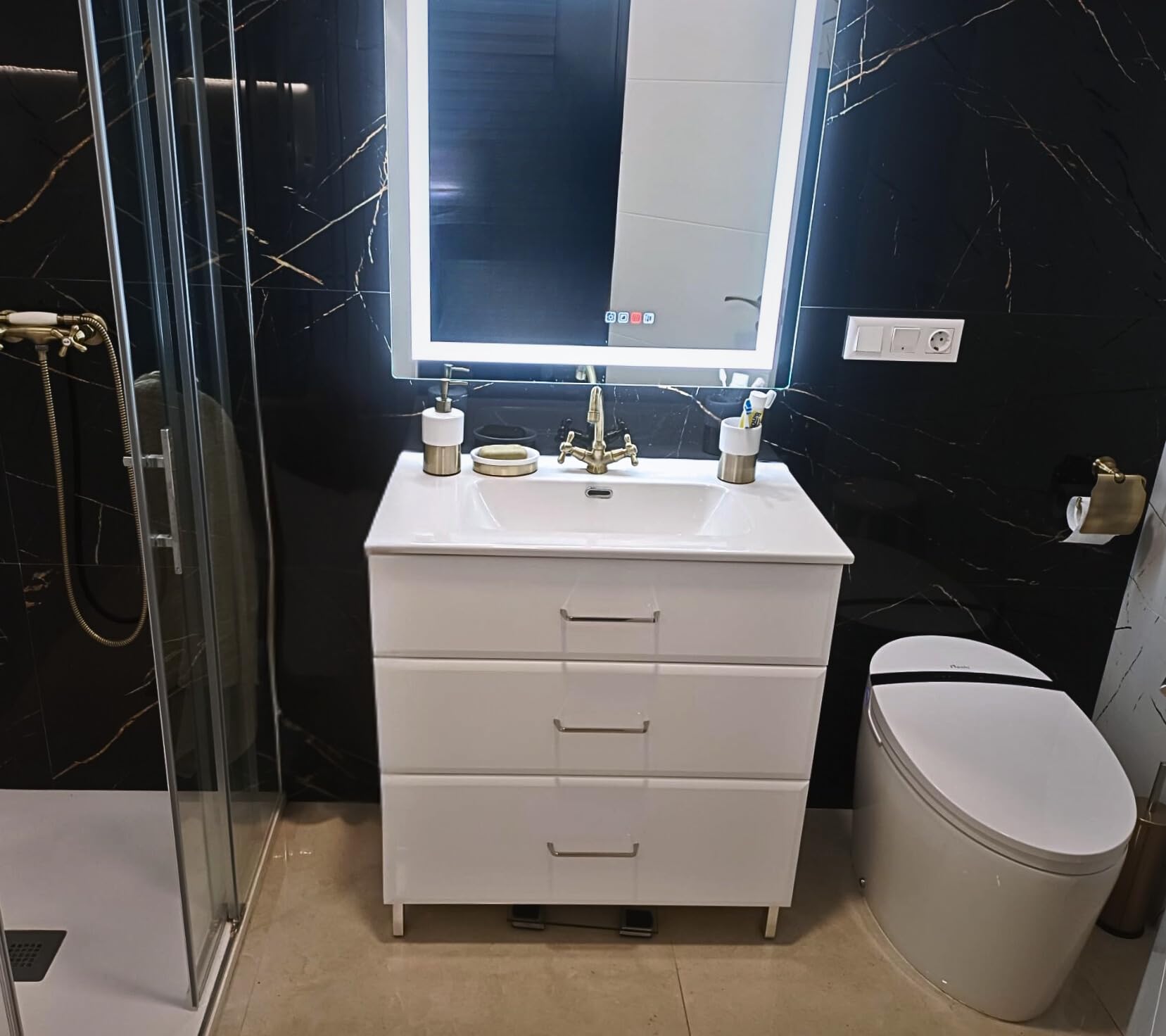 Nashi Aldara iPlus 5 - Inodoro Inteligente estilo japones | wc con App móvil y mando tapa automática, calefactable, chorrito y secado | Salida dual suelo o pared