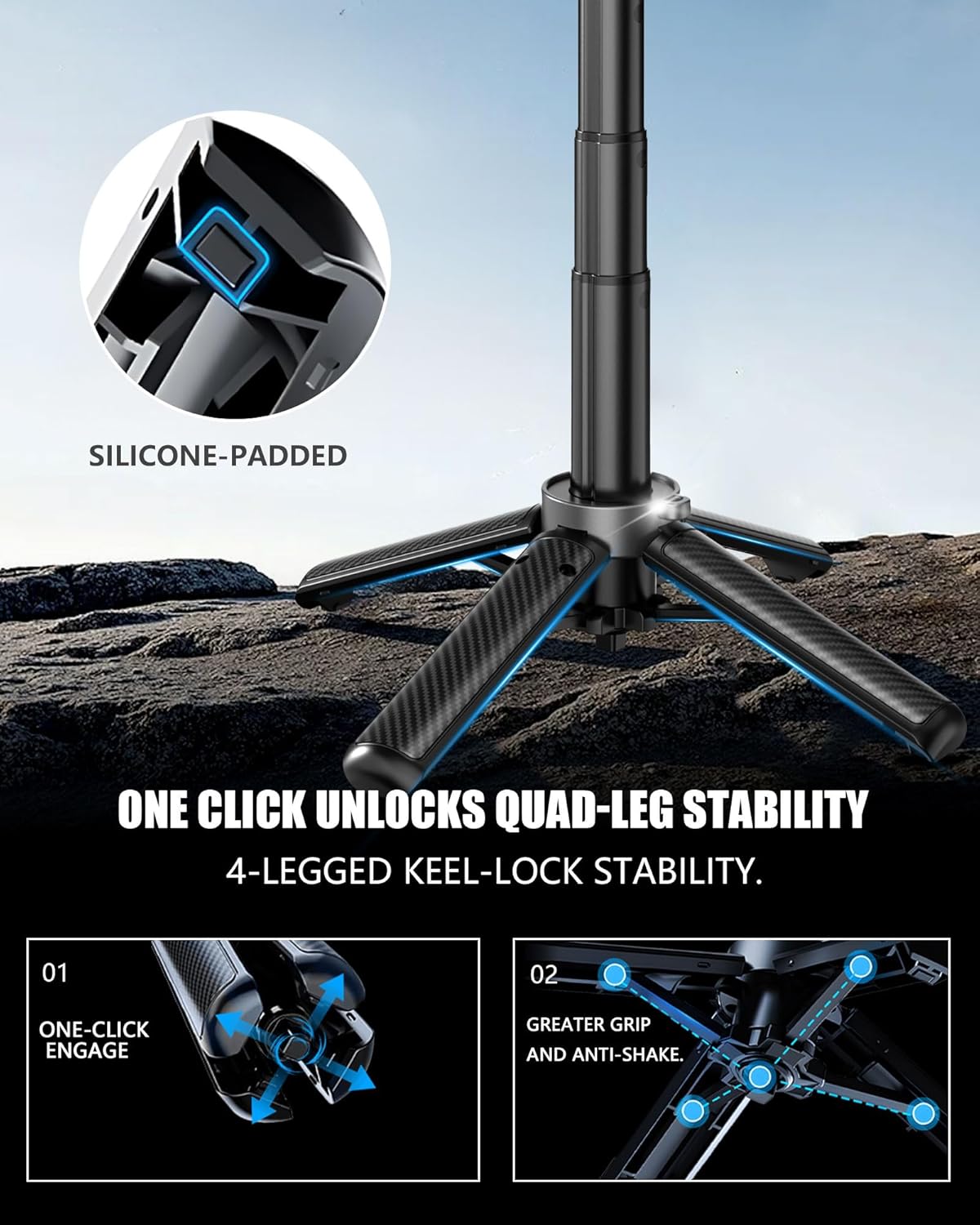 One-click mechanism for engaging quad-leg stability on the tripod