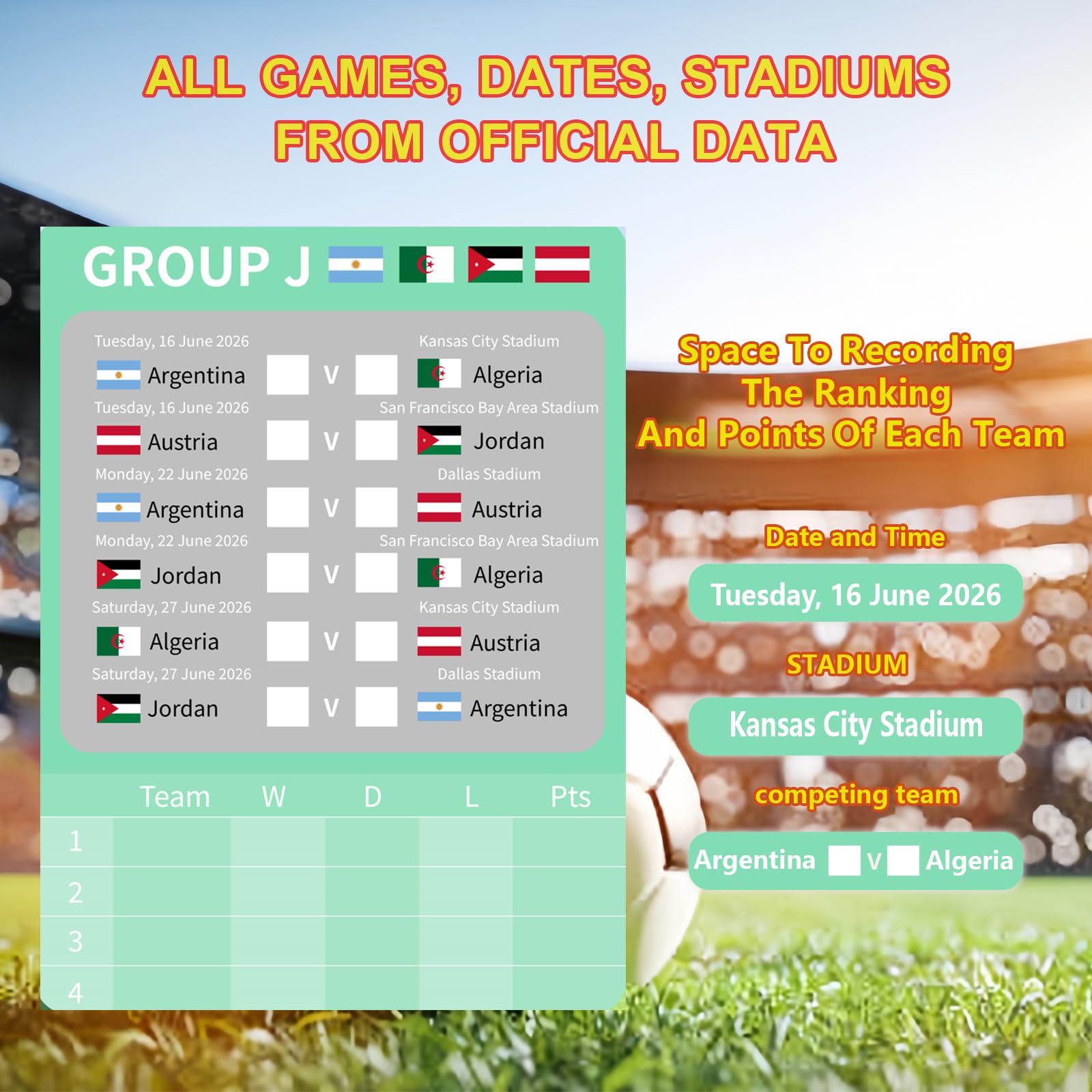 Tabellone da parete Mondiali calcio 2026 poster programma A2 60x42cm 23.6x16.5 pollici decorazioni feste regali