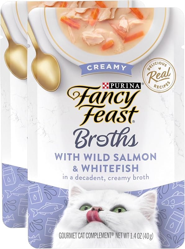 Caldo Cremoso para Gatos com Salmão Selvagem e Peixe Branco Fancy Feast 39,7 g, Pacote com 32 sachês