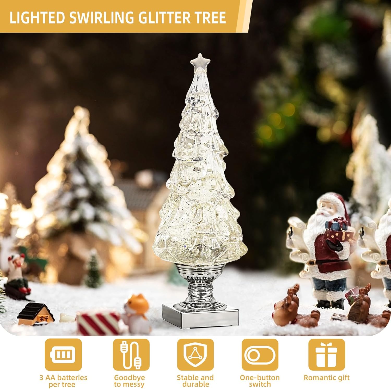 1PC Lighted Christmas Tree,13.9 Inch Tabletop Christmas Tree Lamp, Colorful Lighted Swirling Snow Glitter Tree-Timer- Top Star-Light up Valentines/Christmas Decorations