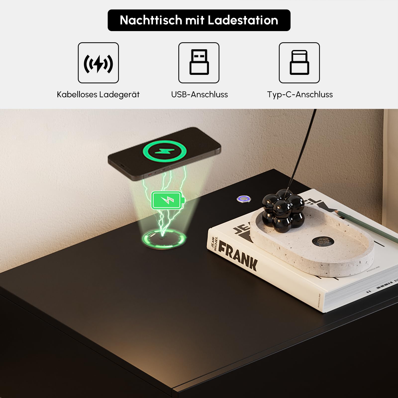 Homary LED Smart Nachttisch mit kabelloser Ladestation, Nachttisch mit Schubladen & USB-Anschlüssen, Modernes Nachtkästchen mit LED-Beleuchtung für Schlafzimmer (Led Schwarz 3 Schubladen)