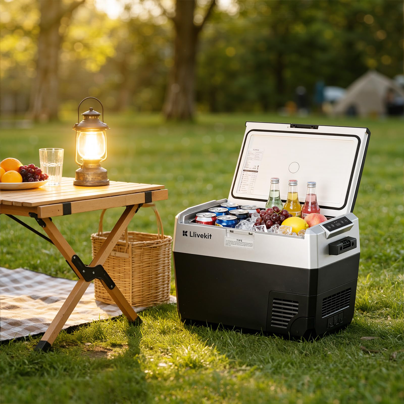 LLIVEKIT 40L Kompressor Kühlbox, -20~20°C, Tragbarer Kühlschrank, 12/24V DC | 100-240V AC, mit Beleuchtung, für Auto, LKW, Camping, Boot, Zuhause, AC und DC-Kabel, Schwarz