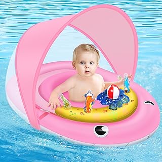 Baby Pool Float with Canopy UPF50+ Sun Protection, 6-24 Months Inflatable Infant Swimming Ring, Bath Floatie, Swimming Pool Accessories, and Toy Play Console with Adjustable Safety Seat