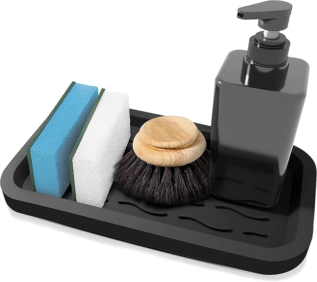 YKING Silicone Sponge Holder for Kitchen Sink - Kitchen Sink Tray for Sponges Soap Dispenser Scrubber - Soap Dish for Kitchen Sink - Soap Tray Kitchen - Kitchen Sponges Holder - Black Sponge Tray