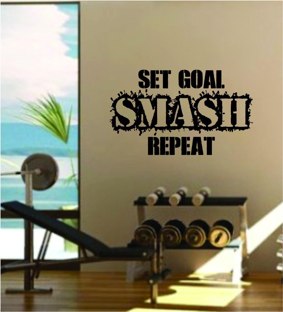 Set Goal Smash Repeat Gym Fitness Health Work Out Decal Sticker Wall Vinyl Art Wall Room Decor Weights Dumbbell Motivation Inspirational
