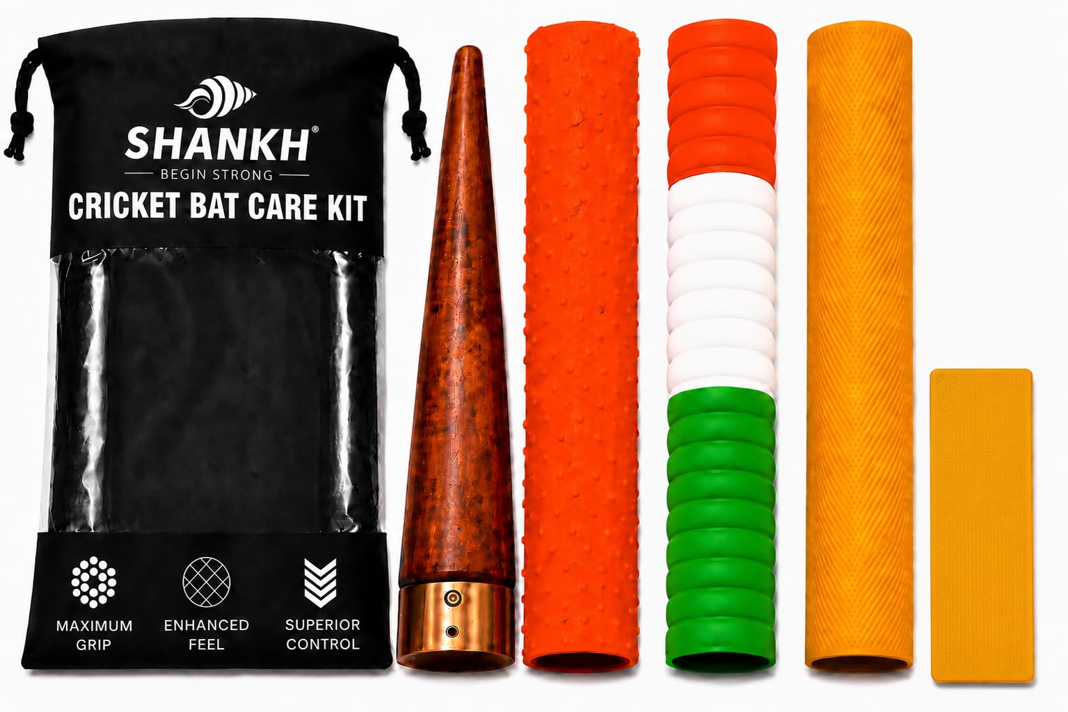 SHANKH Cricket Bat Grip Kit, 3 Grips, Cone & Toe Guard, Tricolor