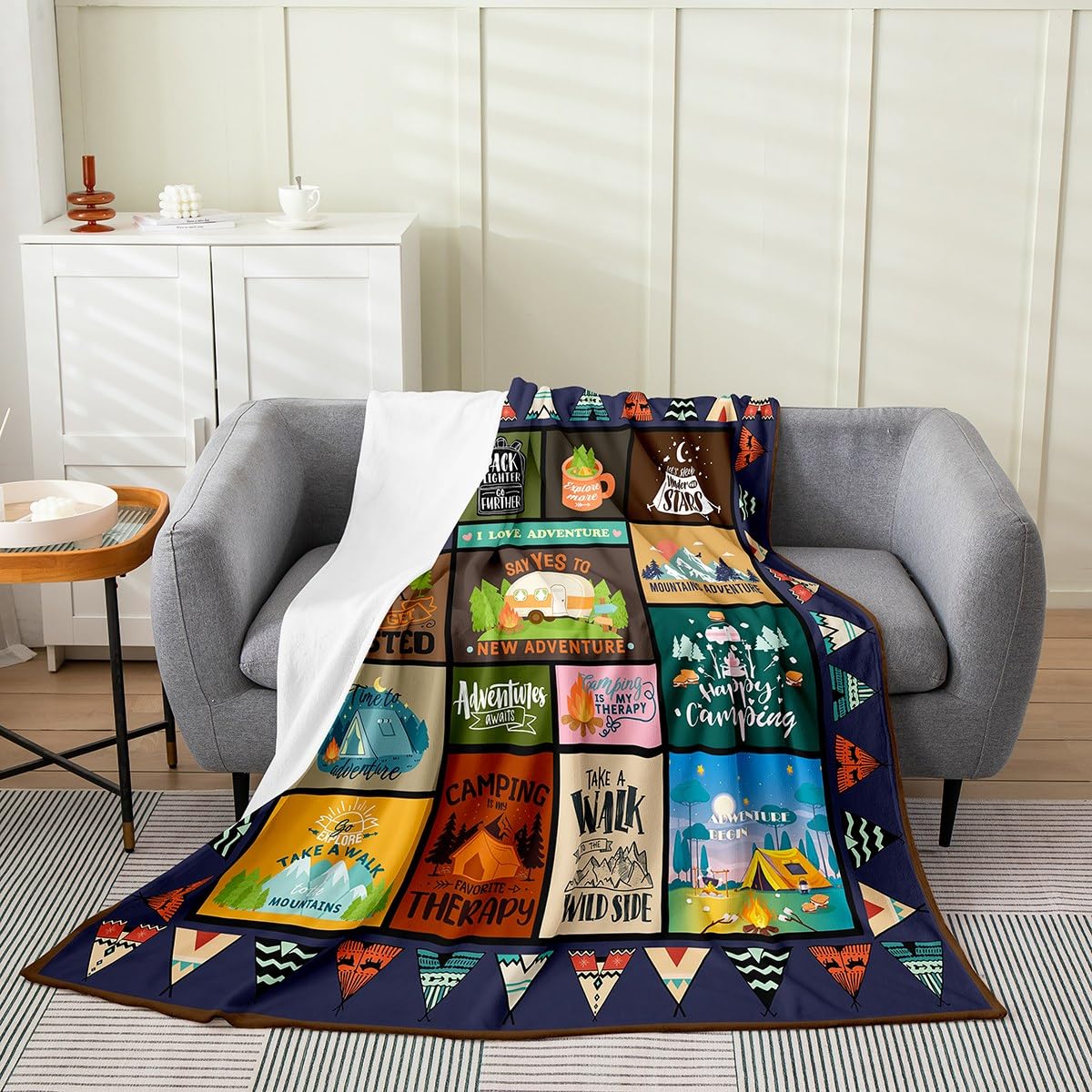 Happy Camping Plush Throw Blanket, Throw 50"x60" Kids Camper Flannel Fleece Blanket for Boys Teens Cartoon Camping Car All Season,Bed Blanket Farmhouse Trailers Camper