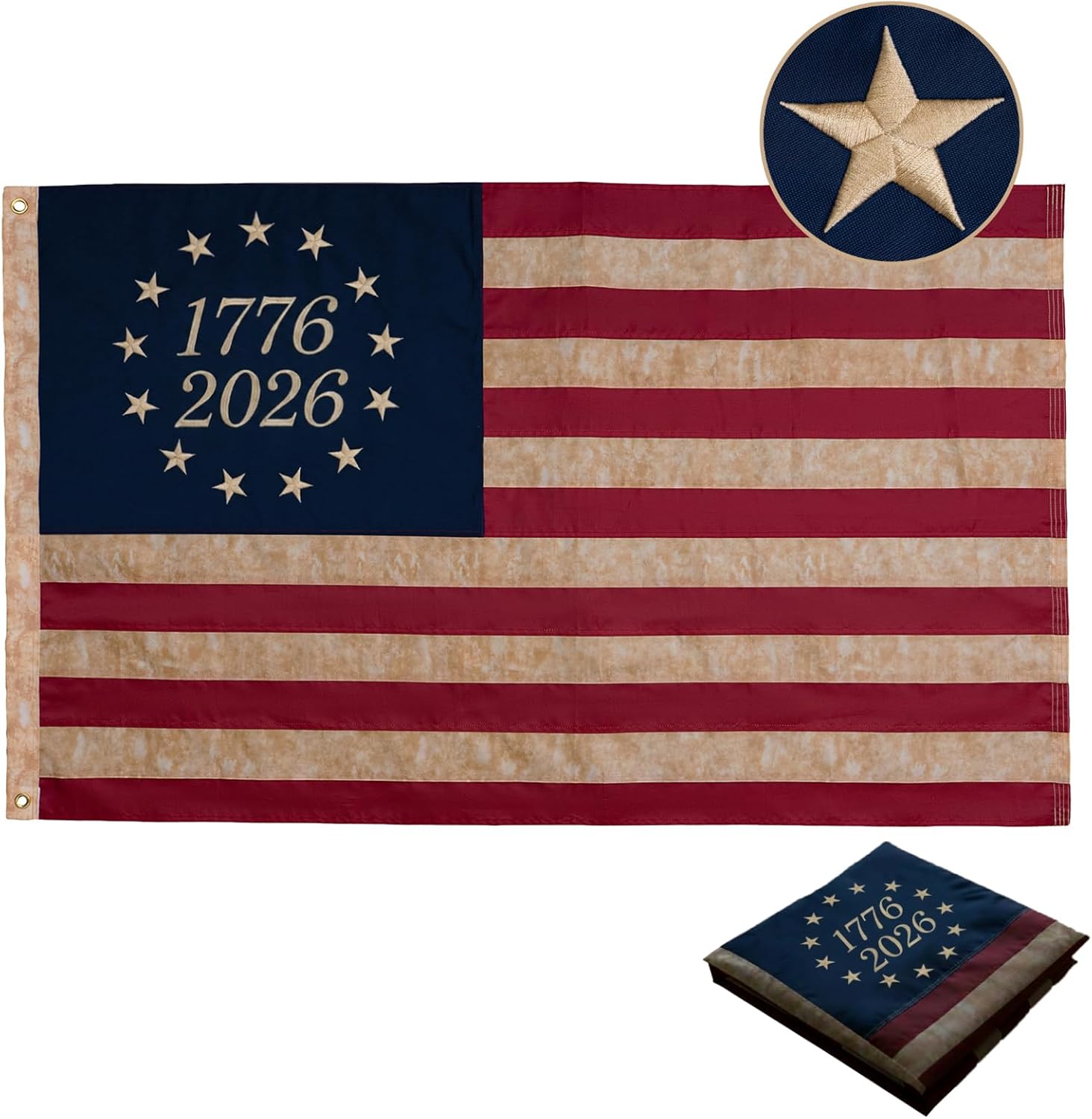 Vintage 250 Anniversary USA Flag 3x5 FT, Tea Stained Betsy Ross 13 Stars Colonies Embroidered Stars American Flags, 1776-2026 Heritage Flags, Heavy Duty US Banner