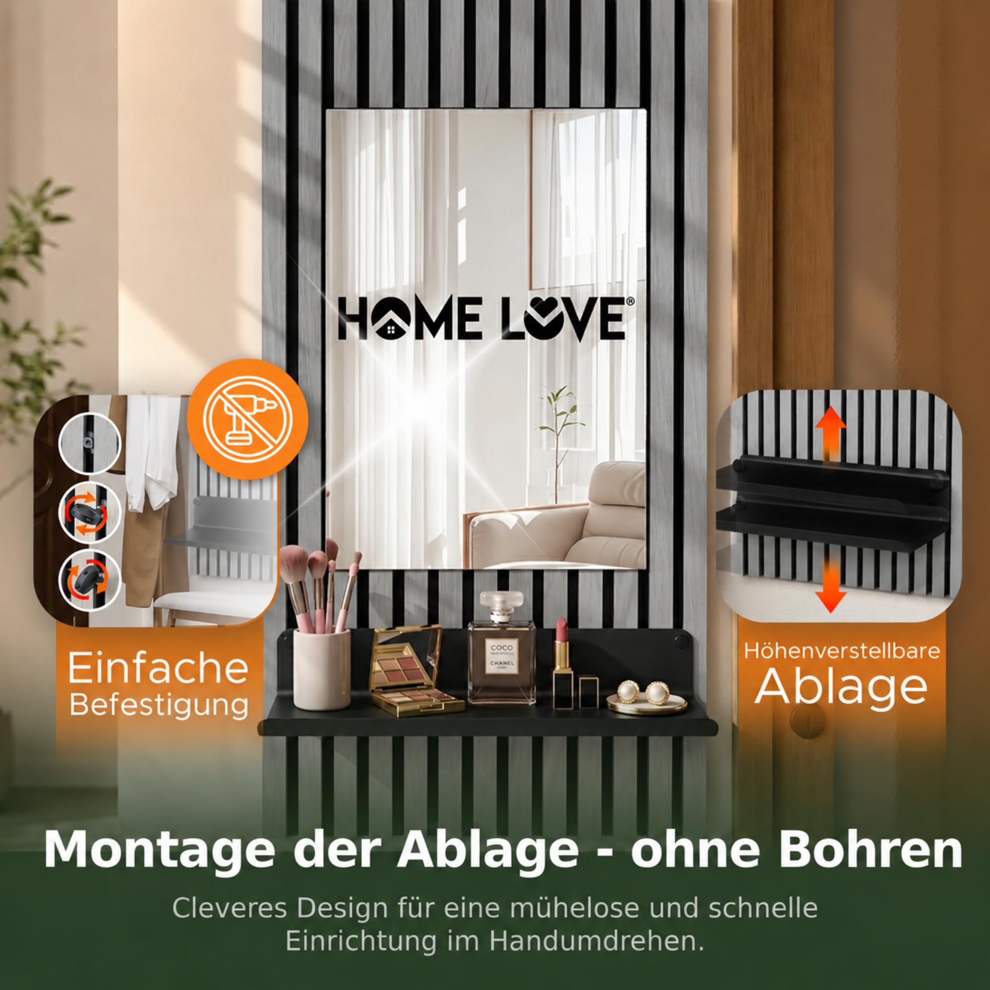 HOME LOVE Wandspiegel Flur mit Ablage 110×55 cm | Spiegel mit Regal für Schlüssel & Deko | Flurspiegel Wand mit höhenverstellbarer Ablage | Garderobenpaneel auch als Badspiegel