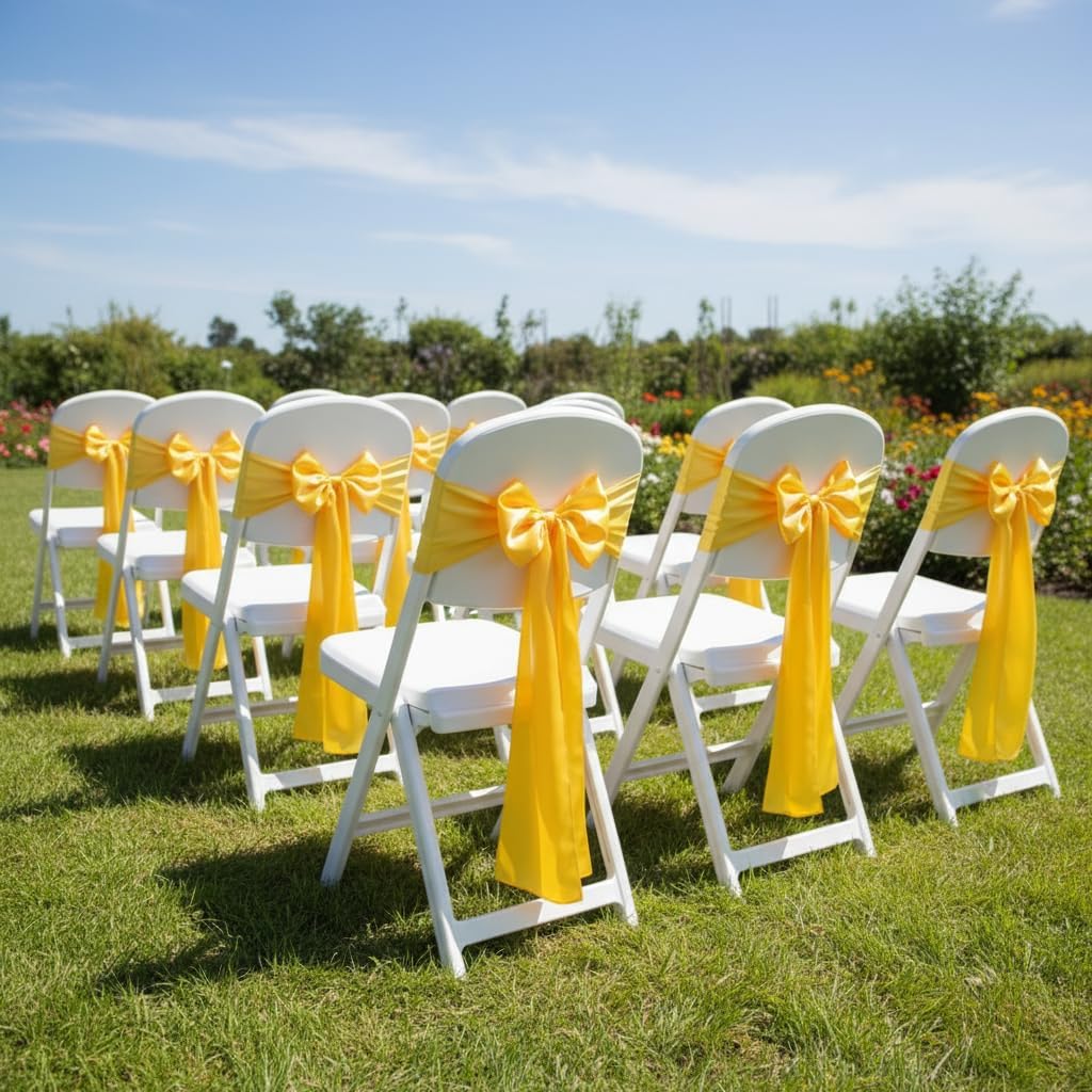 Satin Chair Sashes Chair Bow Bows Chairs Tie Back Chairs Decoration Wedding Banquet Party (10, Bright Yellow)