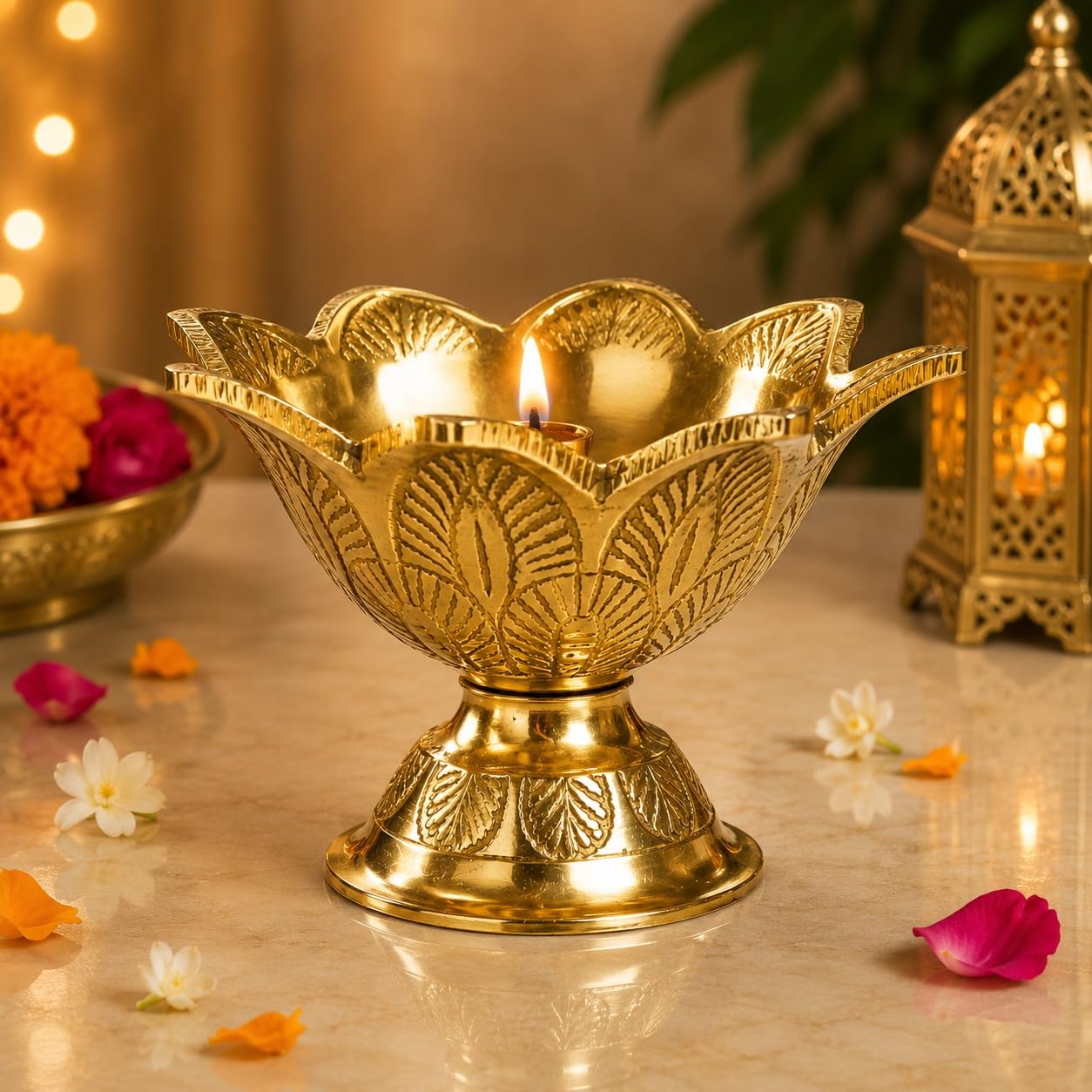 Deep Brass Diya Oil Lamp Devdas Design Engraved | Traditional Brass Diya for Home Mandir Puja Decor | Small Pooja Lamp for Festivals Diwali Temple Use (Emboss Diya)-image-49