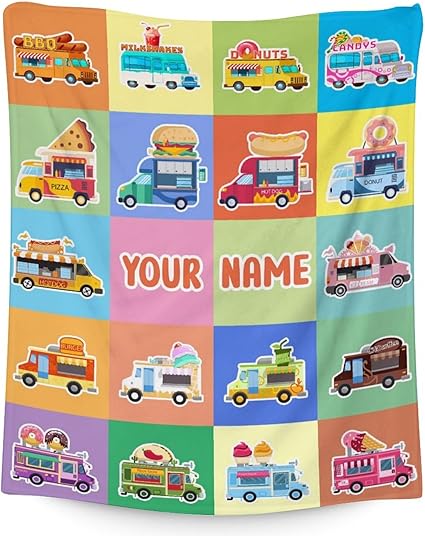 Personalized Food Truck Blanket Gifts with Name - 40x50 Inches Funny Throw Blanket for Boys & Kids - Colorful Soft Fuzzy Car Blankets for Bed, Couch & Living Room