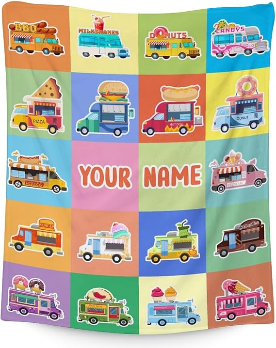 Personalized Food Truck Blanket Gifts with Name - 40x50 Inches Funny Throw Blanket for Boys & Kids - Colorful Soft Fuzzy Car Blankets for Bed, Couch & Living Room