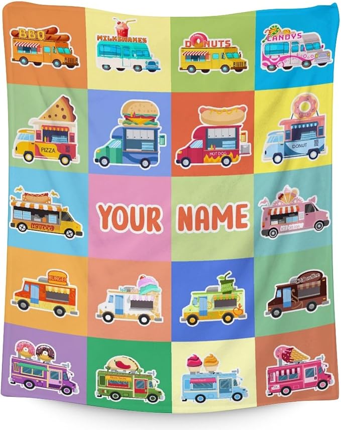Personalized Food Truck Blanket Gifts with Name - 40x50 Inches Funny Throw Blanket for Boys & Kids - Colorful Soft Fuzzy Car Blankets for Bed, Couch & Living Room
