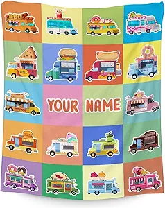 Personalized Food Truck Blanket Gifts with Name - 40x50 Inches Funny Throw Blanket for Boys & Kids - Colorful Soft Fuzzy Car Blankets for Bed, Couch & Living Room