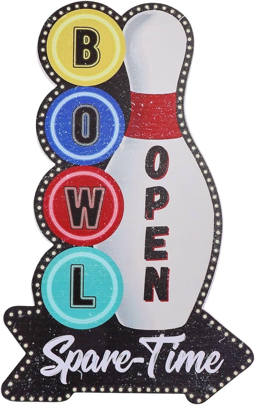 GLOBLELAND Bowling Vintage Metal Tin Sign 10.6x6.5inch “ Bowl Open Spare Time" Retro Bowling Ball Plaque Poster Metal Wall Decorative Tin Signs for