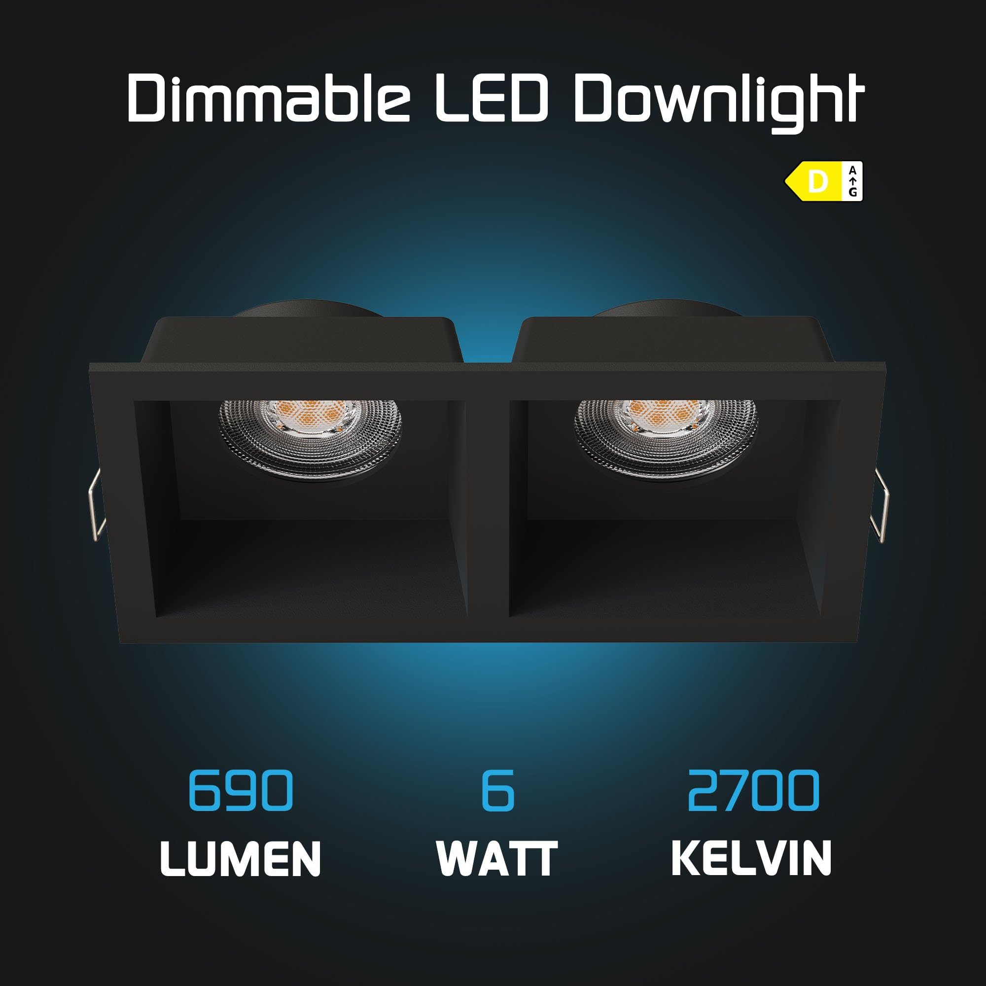 Ledvion 6er Set LED Einbaustrahler 2-Licht Schwarz Warmweiss | Einbaumass 162x150x175mm; Fuer trockene Innenraeume wie Wohnzimmer Kueche und Flur; Integrierte LED Lichtquelle enthalten