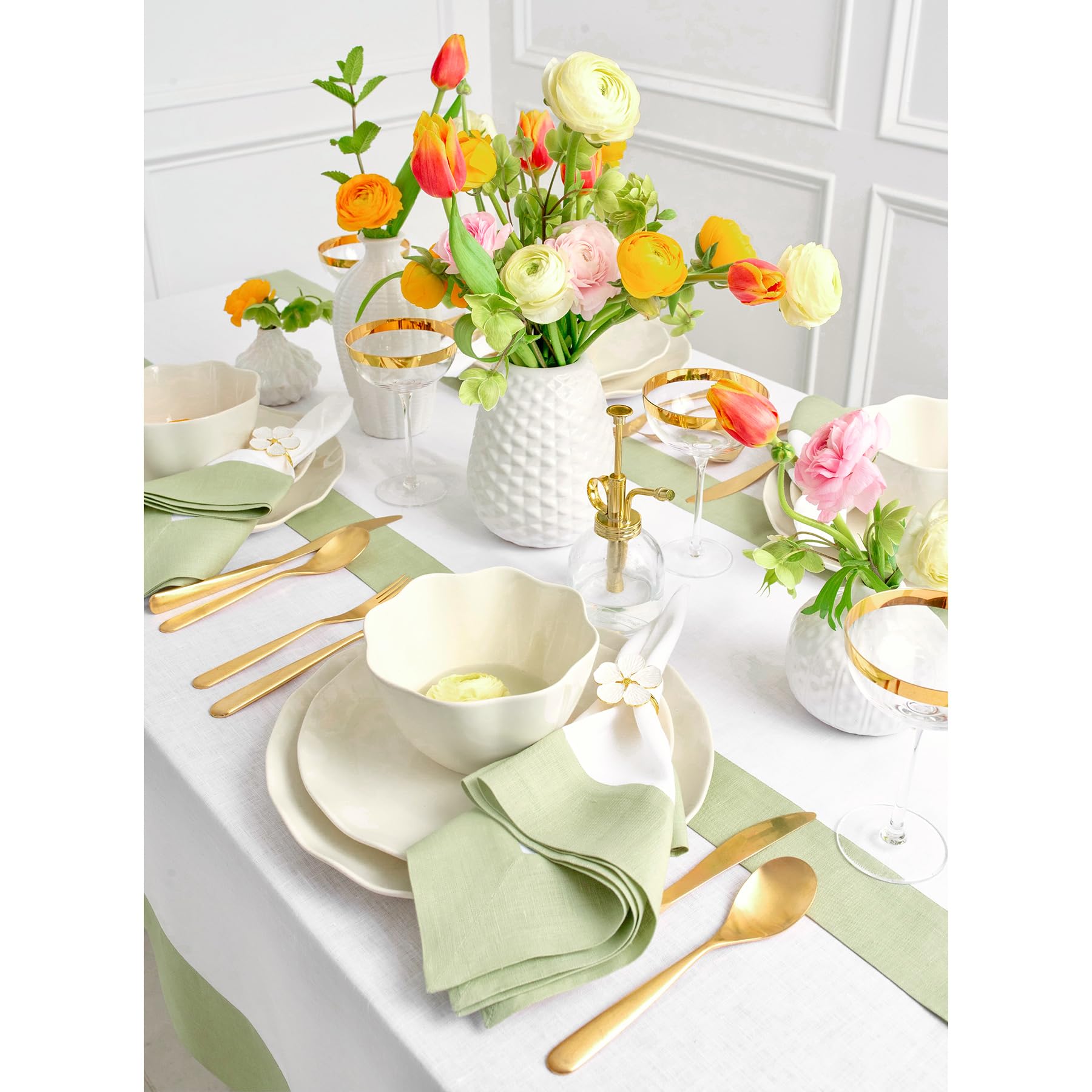 Solino Home Set di 4 tovaglioli di lino, 100% puro lino, verde salvia e bianco, 50 x 50 cm, per inverno, primavera, Pasqua, San Patrizio, realizzati a mano e lavabili in lavatrice