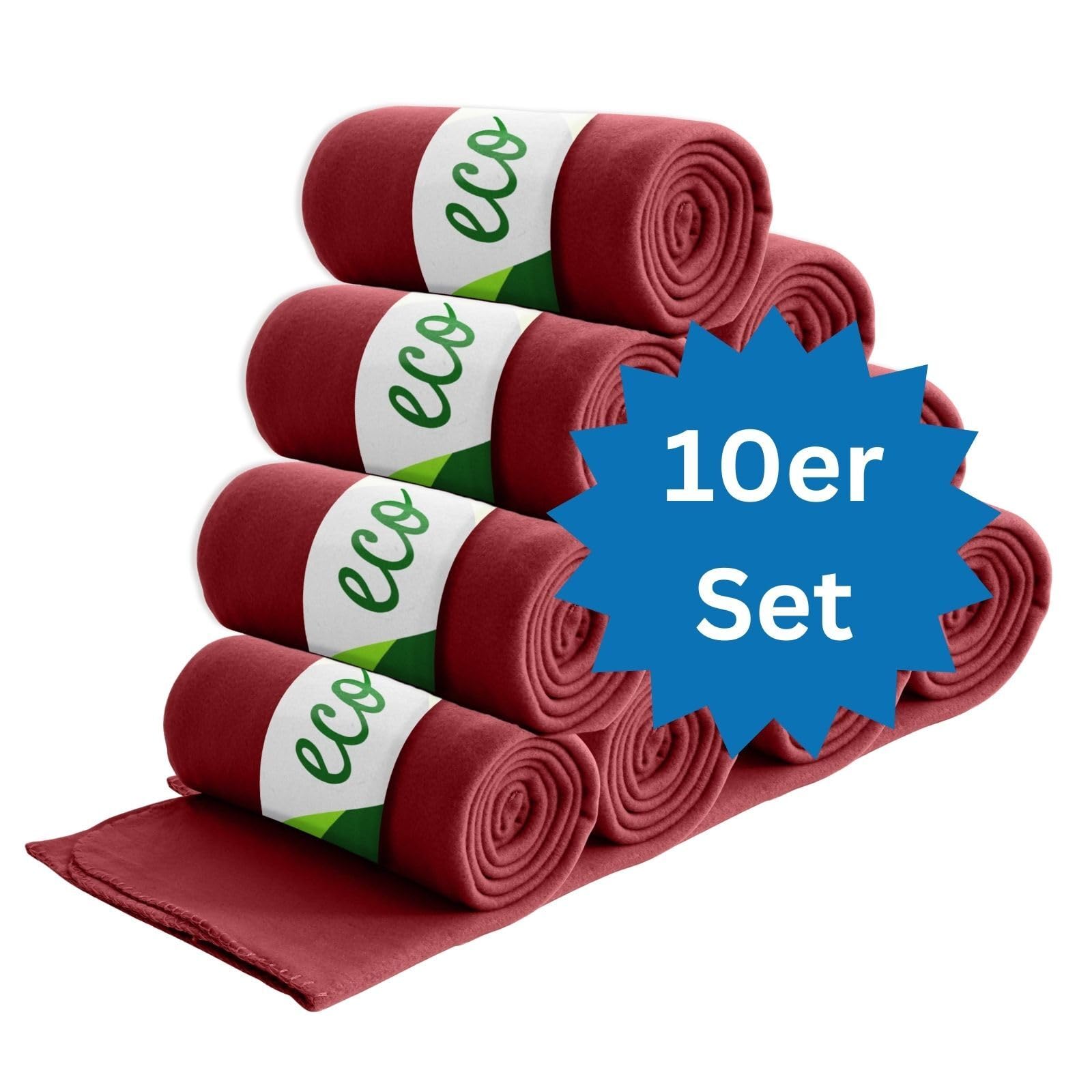 wometo Pack de 10 mantas de forro polar ecológico de material 100% reciclado + certificado Öko-Tex, 130 x 160 cm, aprox. 400 g, color rojo oscuro con antibolitas y borde de ribete