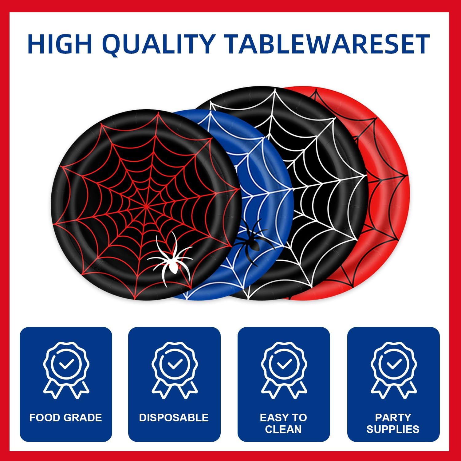 122pcs Spider Web Party Supplies,Red and Blue Party Dinnerware Sets Include Paper Plates Napkins Cups Forks Banner Tablecloth Straws, for Halloween Spider Birthday Party Decoration -20 Serves