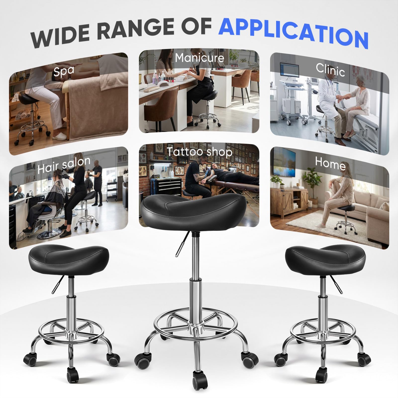 Sattelstuhl Ergonomisch- Sattelhocker mit Rollen (Leise, 360°), Höhenverstellbar 48-57 cm, Hochdichter Schaum, Bis 150 kg, Metallfuß - Bequemer Sattelhocker für Büro, Salon, Massage, Zuhause