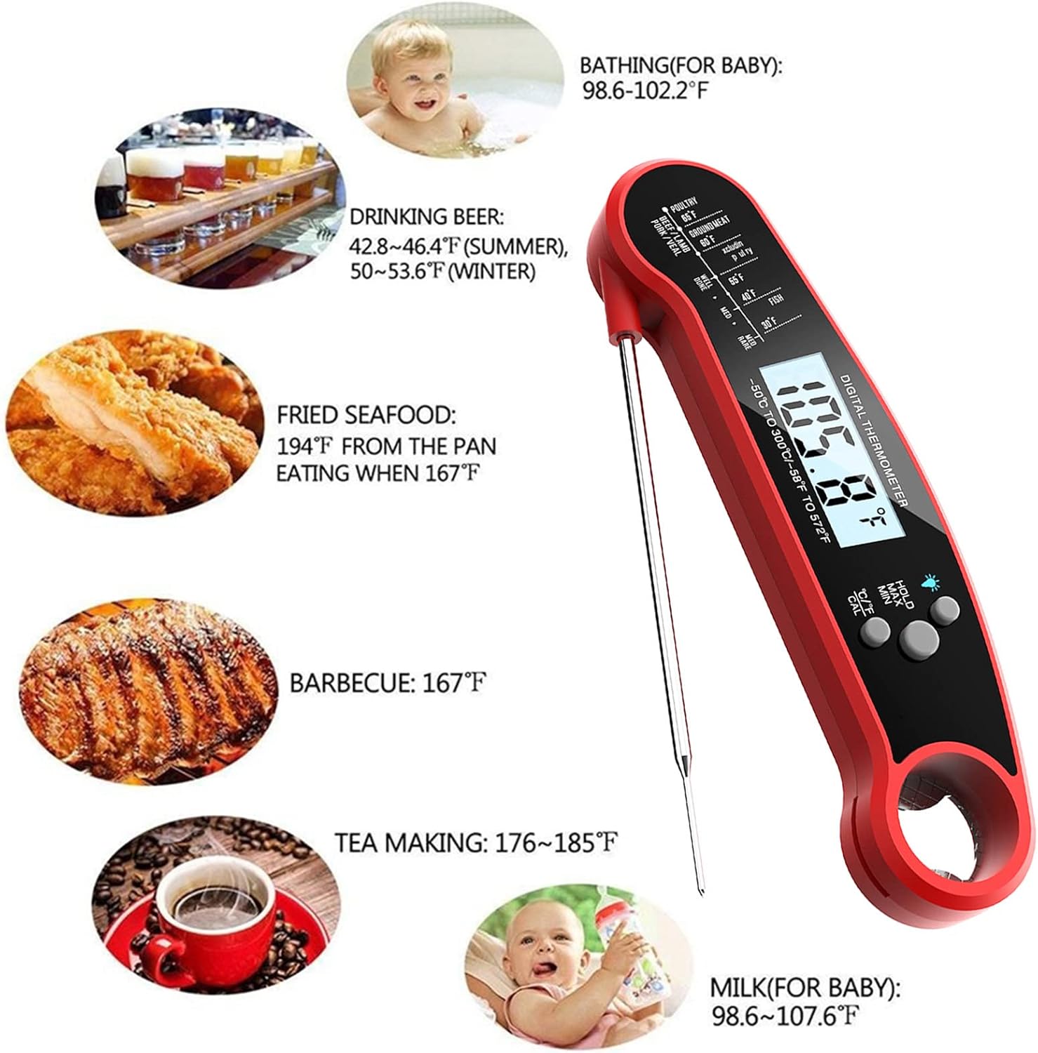 review VEAREAR Cooking Thermometer Magnetic Folding Handheld Wireless Probe Digital Meat Thermometer Bottle Opening Large LED Screen Red