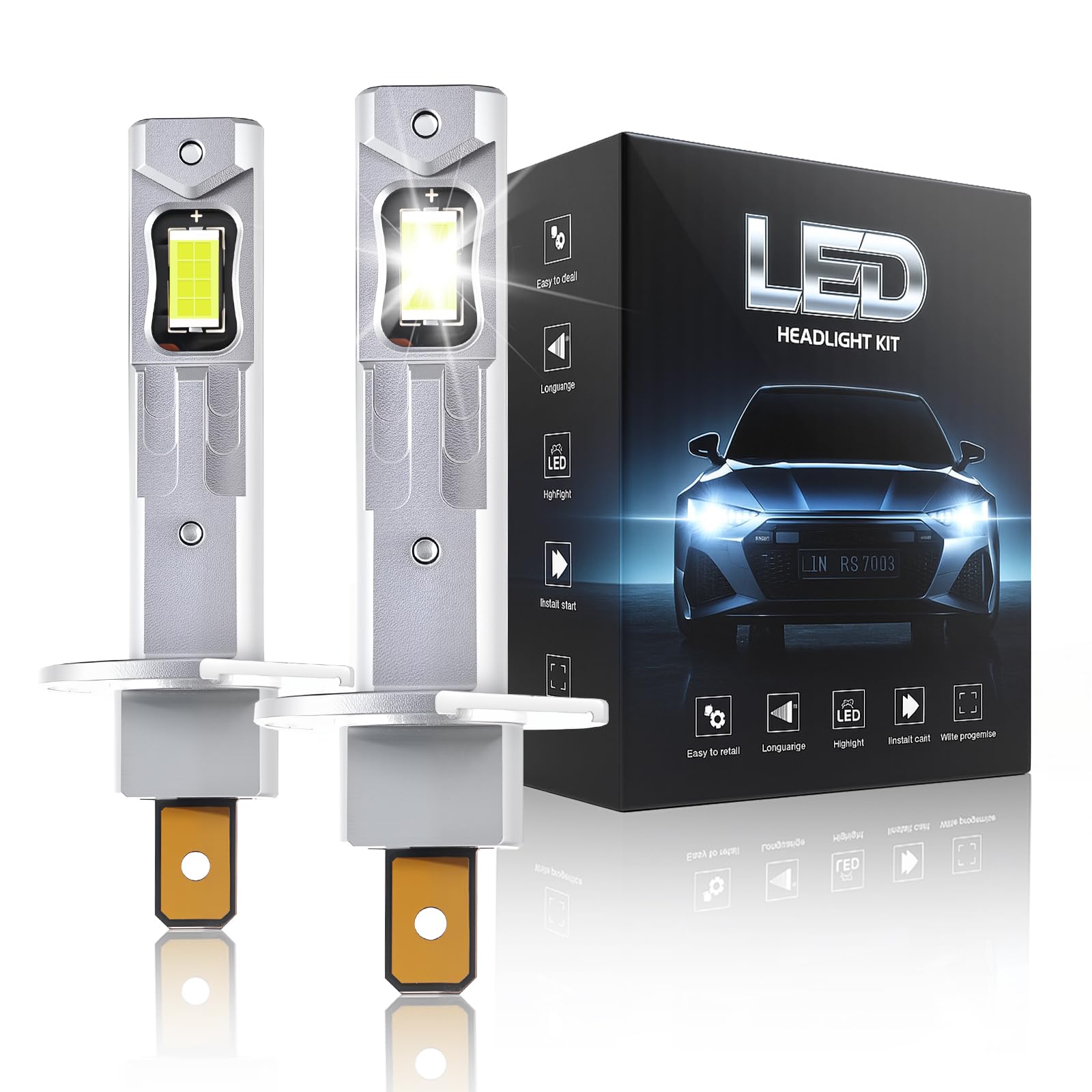 H1 LED, 6500K Ampoule LED H1 Voiture, 50000LM Ampoule H1 Led Ultra Puissante, 900% Luminosité, 1:1 Taille Halogène, IP68, 90000+ Heures de Durée de Ve, Plug-N-Play, Non Polarité, 2 Pièces