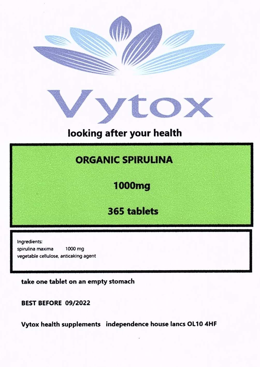 Organic SPIRULINA MAX Strength 1000mg, 365 Tablets Detox, Immune System Booster. 1 Year Supply. by Vytox