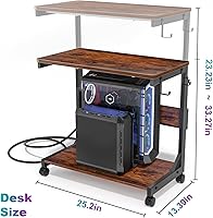 Vista 2 de Soporte de torre de computadora de altura ajustable con estación de carga y puerto de carga USB, carrito de caja ATX de 2 niveles, soporte de PC