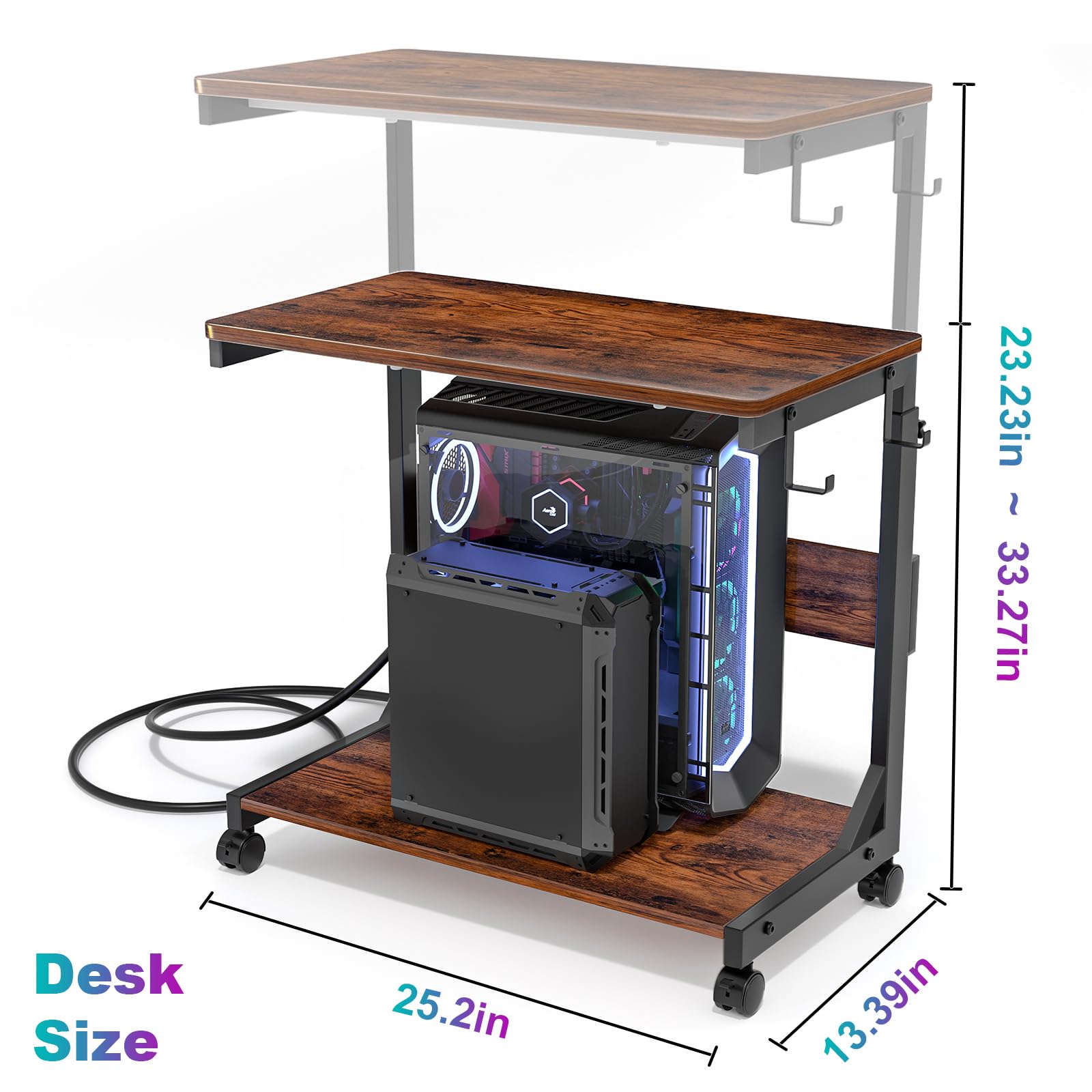 Height Adjustable Computer Tower Stand with Charge Station and USB Charging Port 2-Tier ATX-Case Cart Under Desk Mobile — view 2