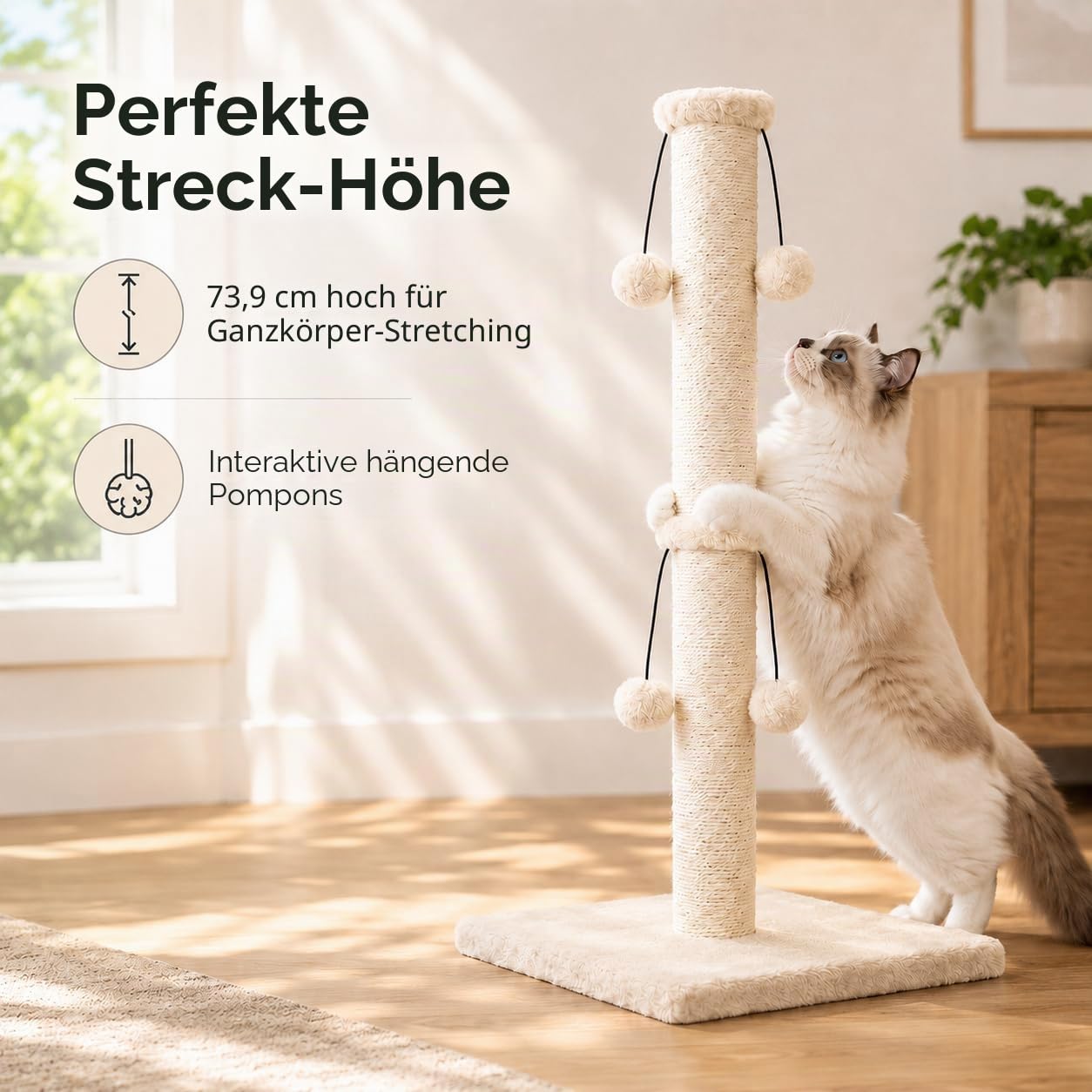 Dimaka Kratzbaum für Katzen, 73 cm, natürliches Sisalseil, Kratzbaum mit 4 Spielbällen für große Katzen, Beige