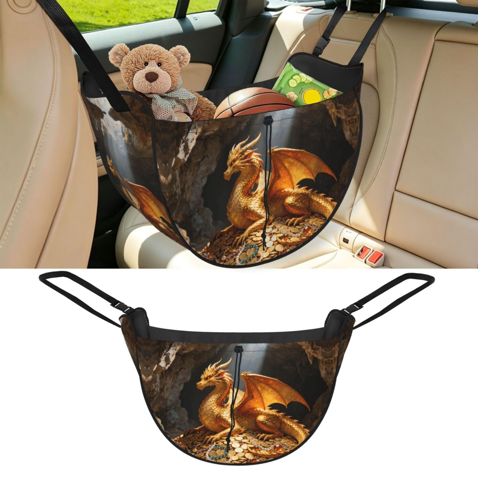 Cntdbu Black Golden Dragon Pattern Car Seat Organizer-Backseat Storage Bag For Travel