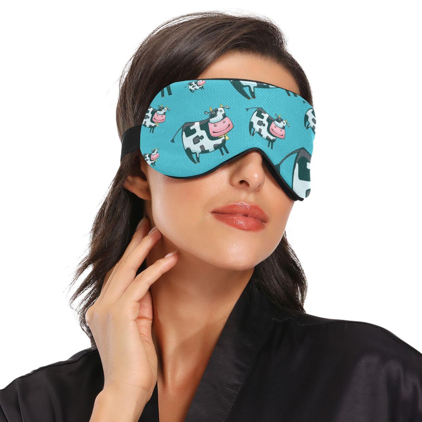 Doterii Cute Friendly Cow Animal Pattern Blue Eye Mask for Sleeping Adjustable Sleep Masks Blindfold for Plane Travel Nap