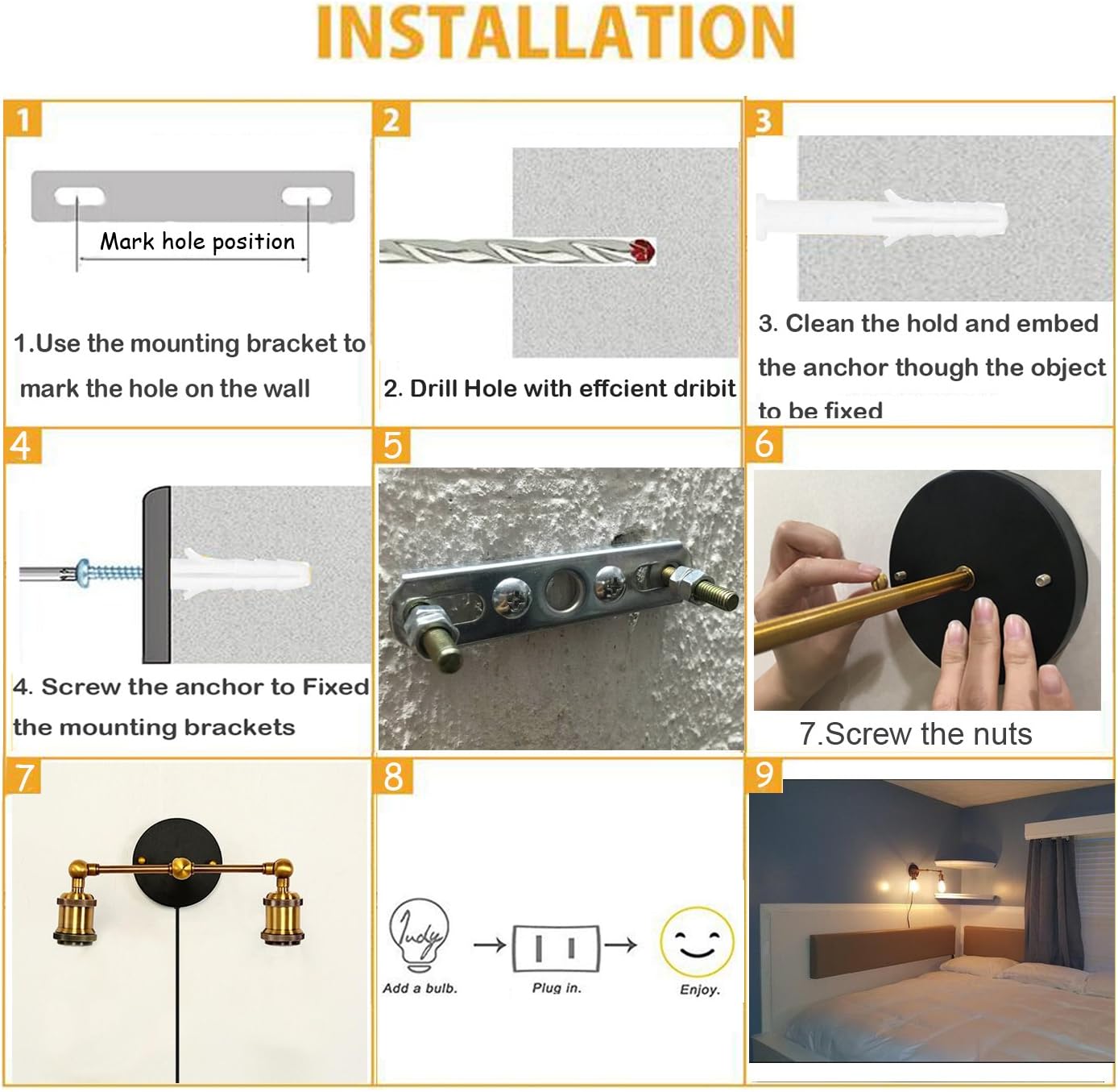 Kiven Dimmable Wall Sconce E26 UL Certification Plug-in Dimmer Switch,Occident Style Double Head Wall Sconces for Dining Room Kitchen Bedroom Shops Decorative,Bulb Included