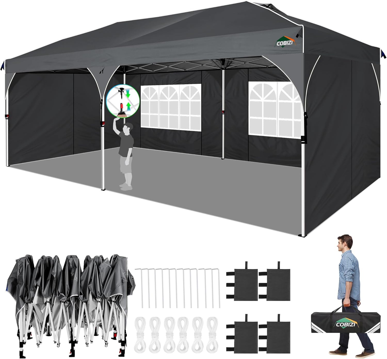 COBIZI Toldo desplegable de 10 x 20 tienda de campaña con tecnología patentada de bloqueo central, instalación rápida, reflectantes y paredes
