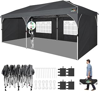 COBIZI 10x20 Pop Up Canopy: Canopy Tent with Patented Center-Lock Tech| Quick-Setup,UV-Reflective & Detachable Walls | 210D Waterproof | 3 Height Adjustments for Parties,Weddings,Outdoor Events(Black)