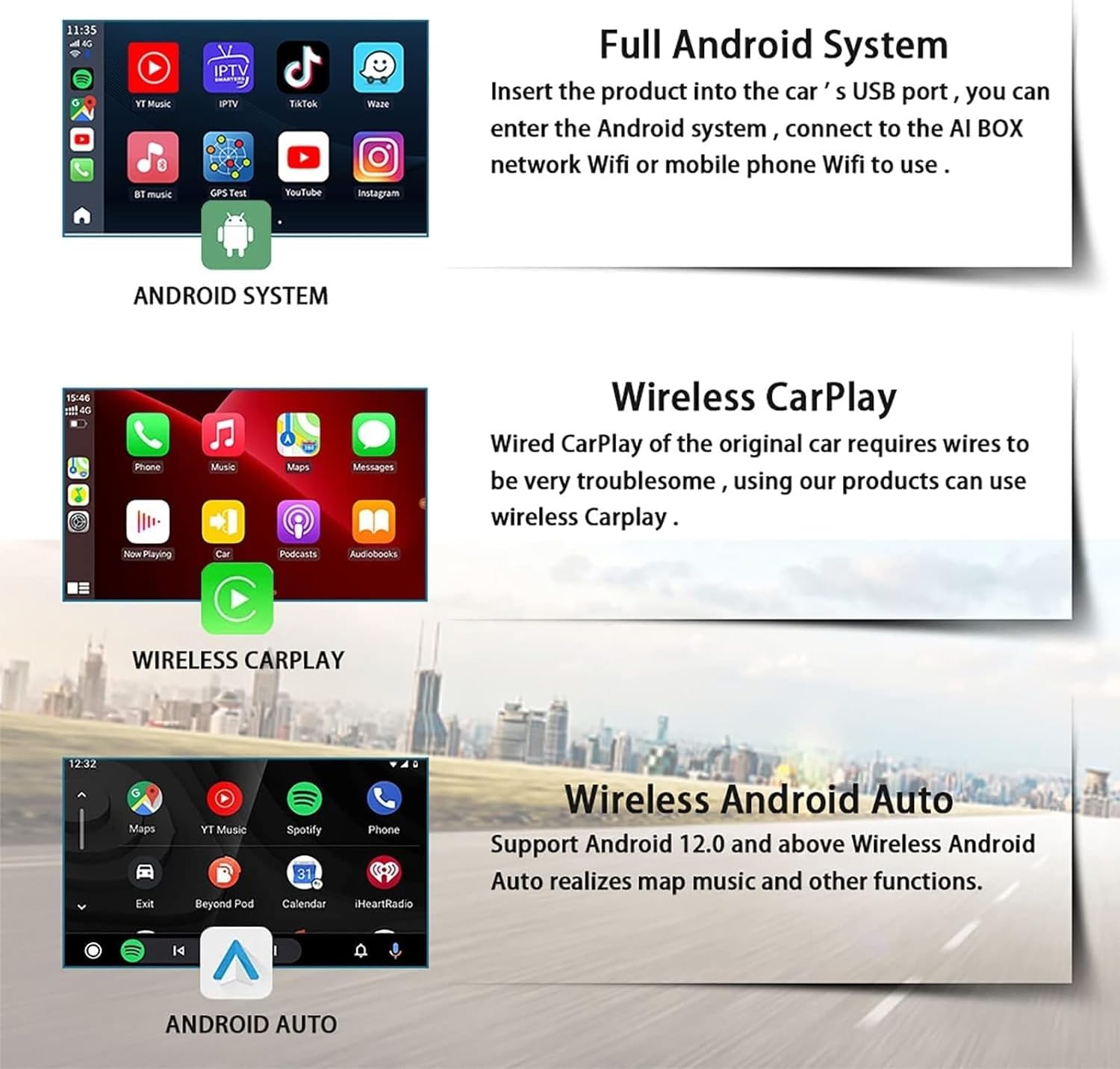 Binize Android 13 Carplay Ai Box Streaming 3.0 Wireless CarPlay/Android Auto Only Support Car OEM Wired CarPlay/AndroidAuto 8-Core (8G+128G)