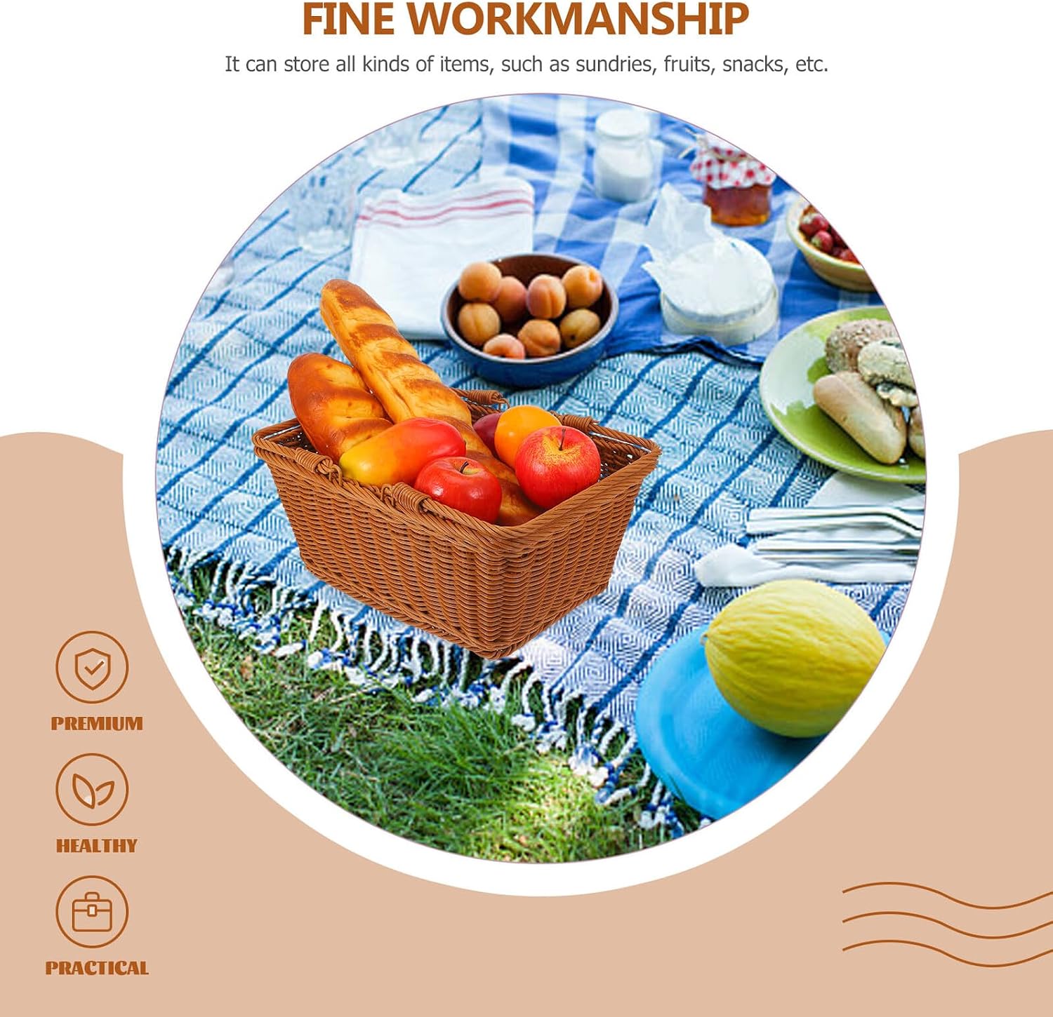jojofuny Hand-Woven Rattan Picnic Basket with Handle, Outdoor Fruit and Vegetable Storage Woven Basket for Grocery Shopping and Serving