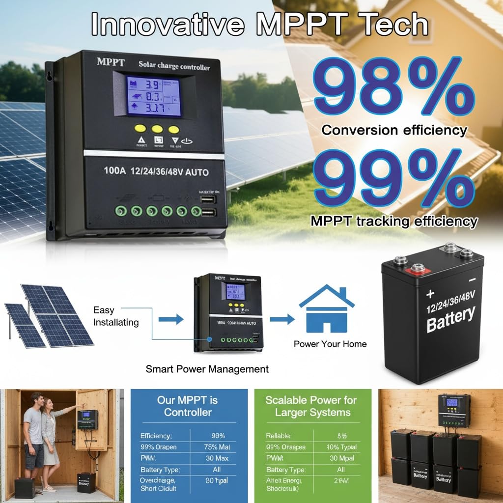 100 A MPPT-Chargeregler, 100 A Solar-Battery-Controller, 12/24/36/48 VBlei-Säure- und Lithium-Batterien, Affichage LCD, Protection contre la charge, Design étanche à l'eau