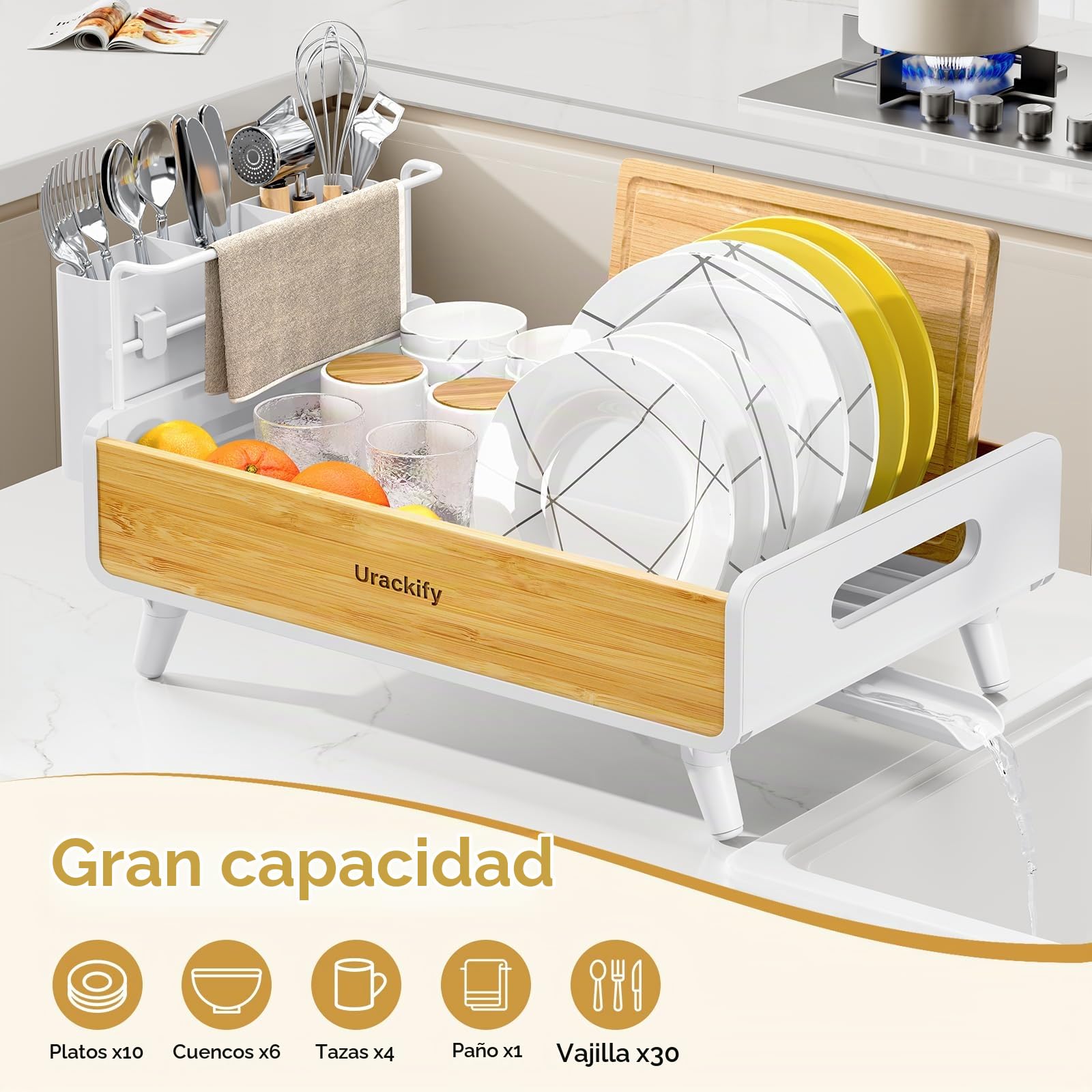 Urackify Escurridor de Platos, Bambú | Acero Inoxidable y Bambú, Soporte Utensilios Extraíble, para Encimera de Cocina