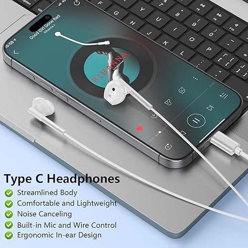 Miniatura 5 de Samsung - Auriculares USB C para Galaxy S25 Ultra Edge S25+ S24 FE S23 S22 S21 A17 A16 A35 A54 A15, auriculares USB tipo C con micrófono USB C
