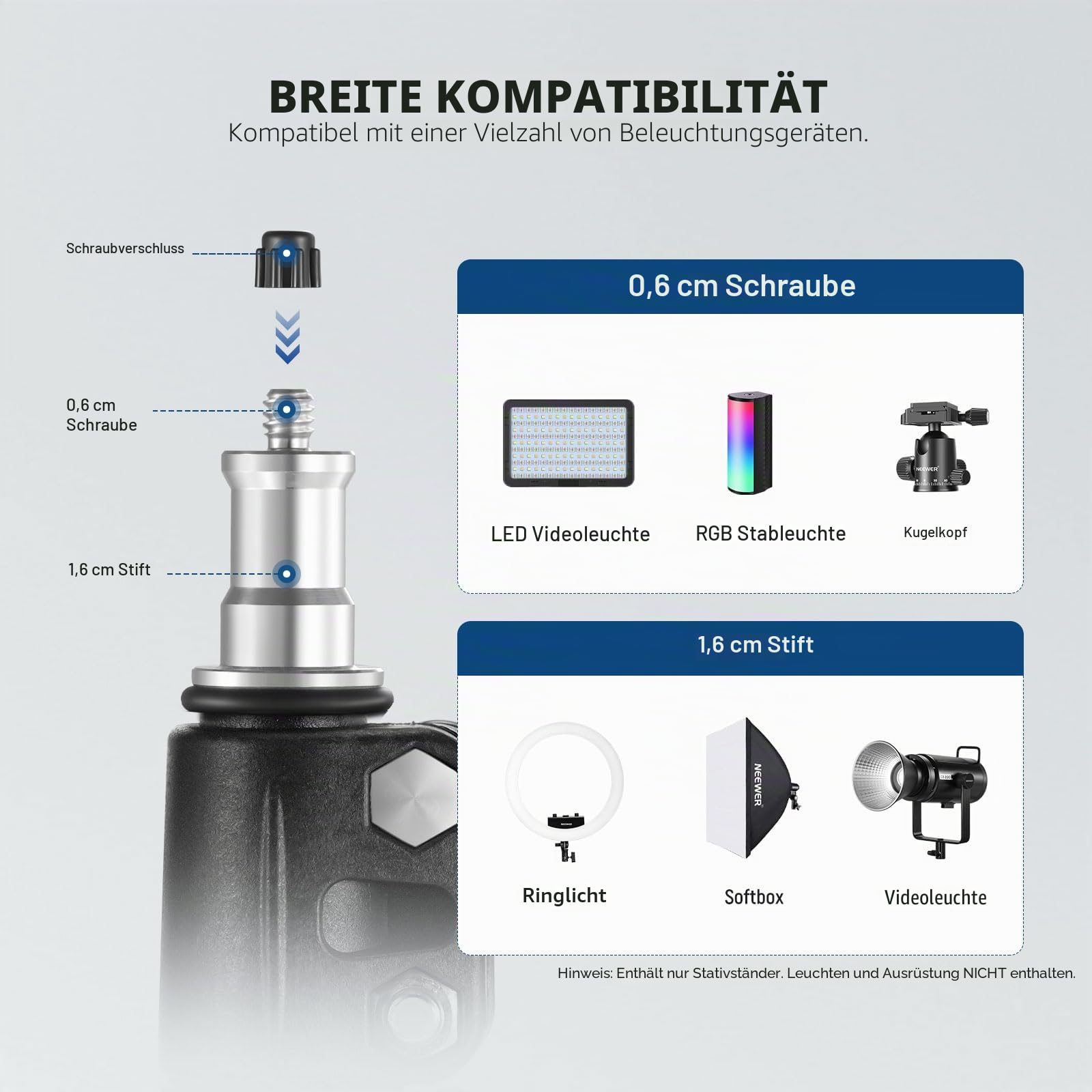 NEEWER Lichtstativ mit 180° umkehrbaren Beinen, 178cm tragbares Reisestativ 1/4" Schraube und 5/8" Bolzen, Light Stand für Innen und Außenfotografie Speedlite Blitz Ringlicht Softbox, ST178B, Schwarz